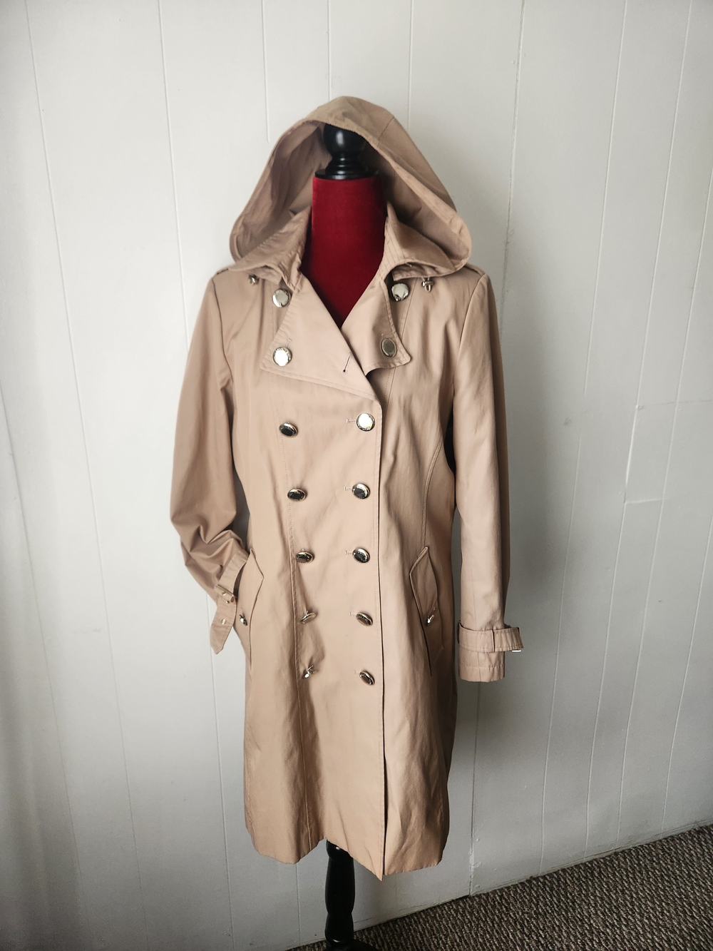Calvin Klein Neutral Beige Hooded Double-Breasted Trench Coat Sizr Large